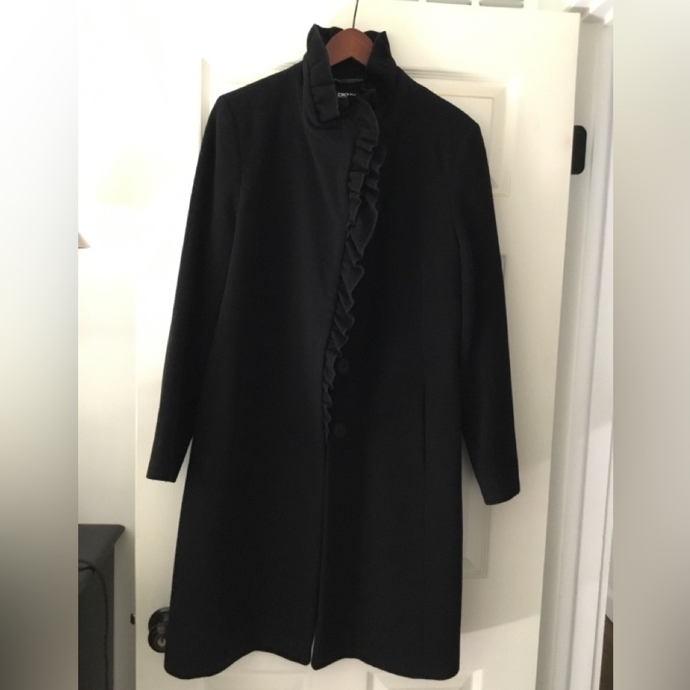Donna Karan Black Wool/Cashmere Coat with Ruffle Accent. Sz 14.